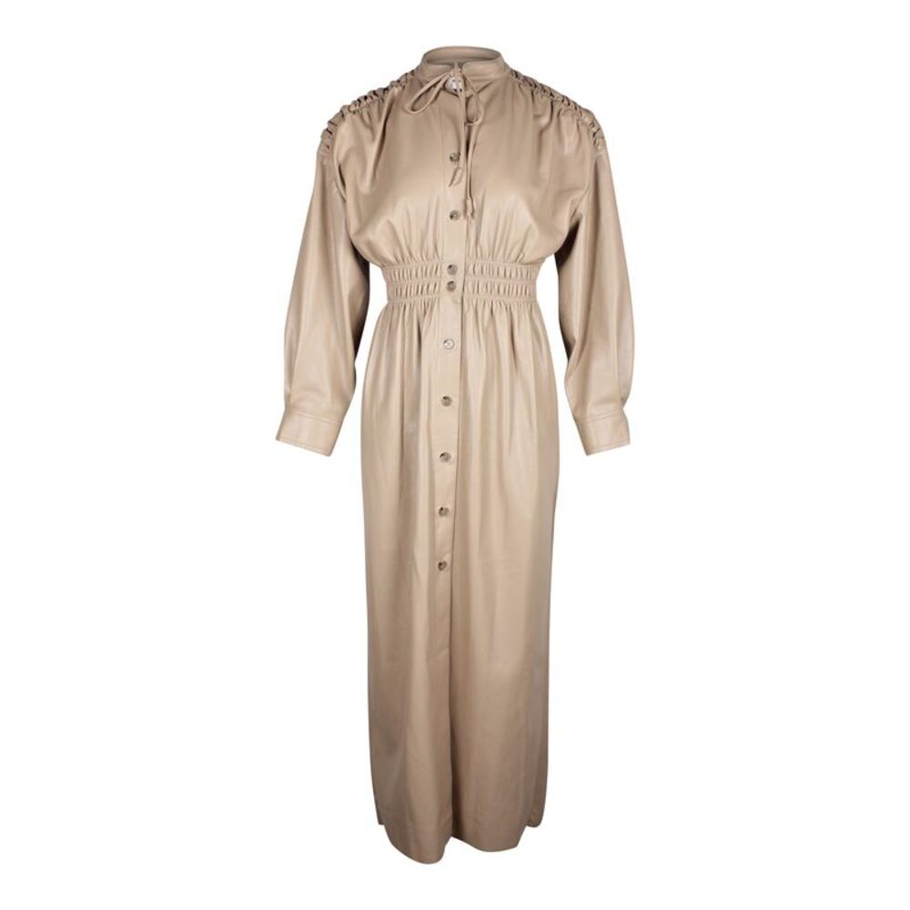 Nanushka Shirred Midi Shirt Dress in Beige Vegan Leather